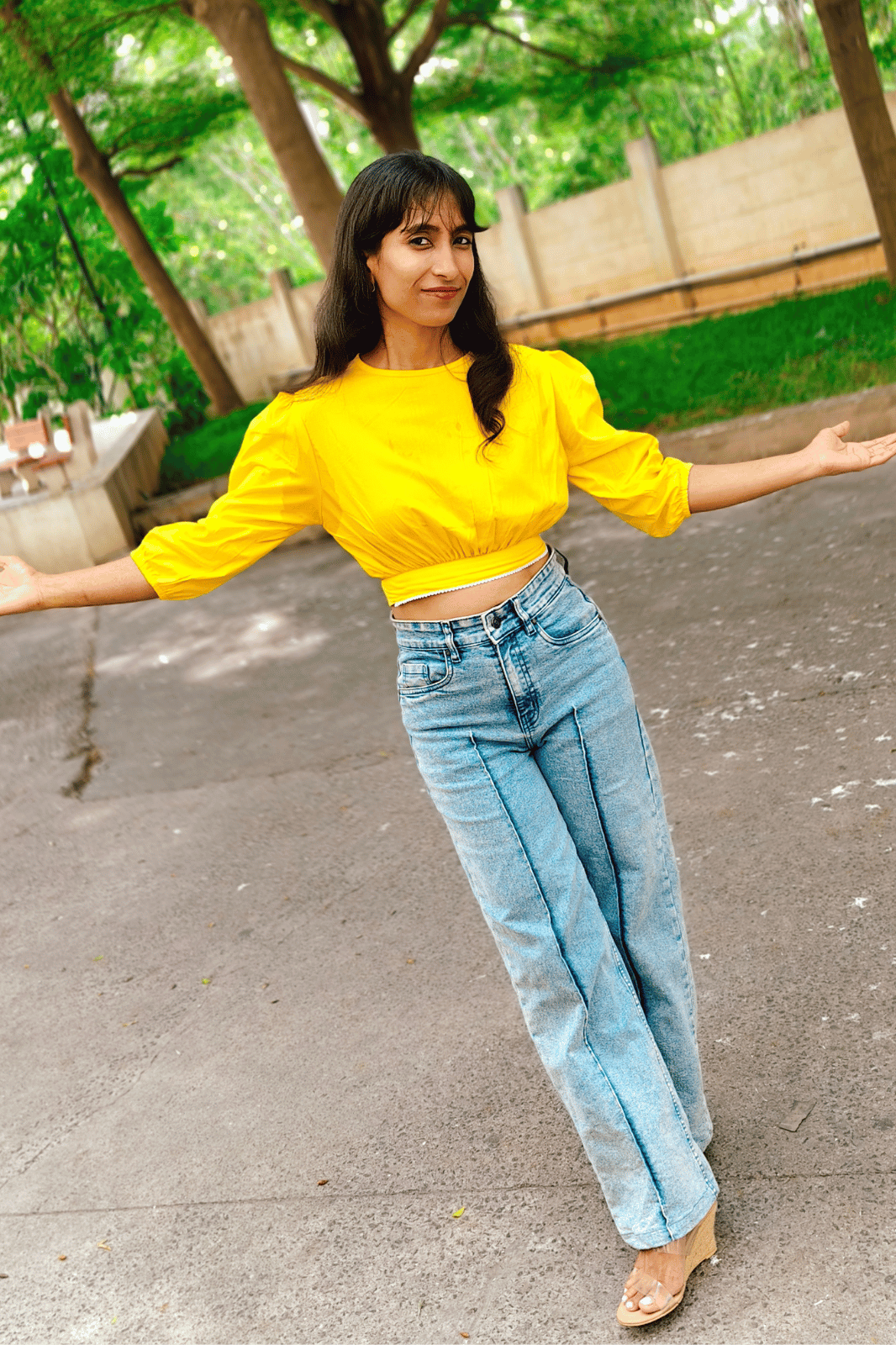 Yellow Puff Sleeve Crop Top with Lace Detailing