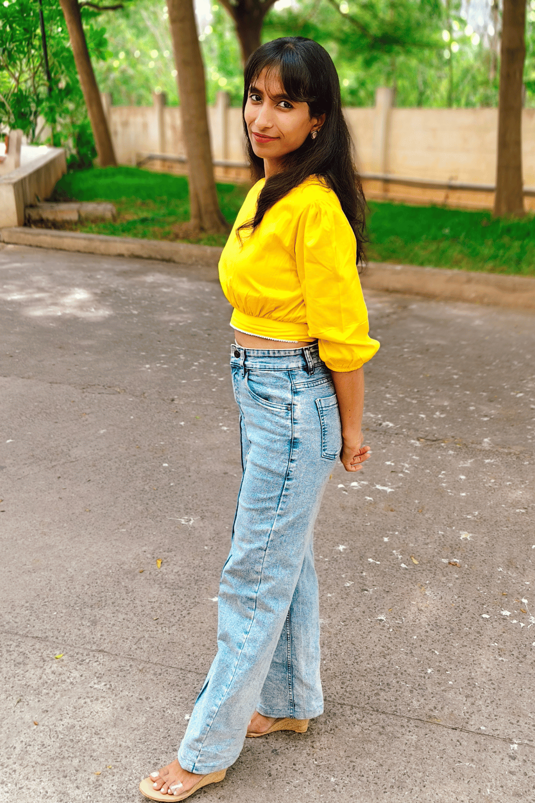Yellow Puff Sleeve Crop Top with Lace Detailing