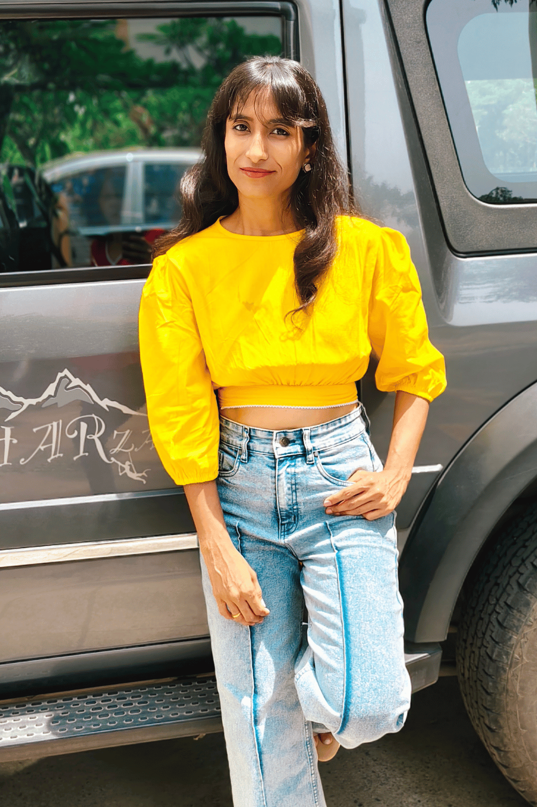 Yellow Puff Sleeve Crop Top with Lace Detailing