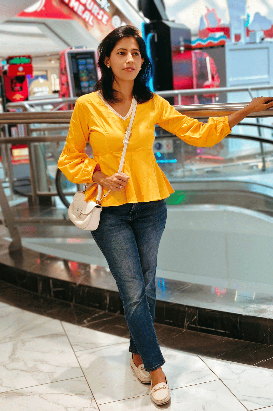 Yellow Peplum Top with White Lace