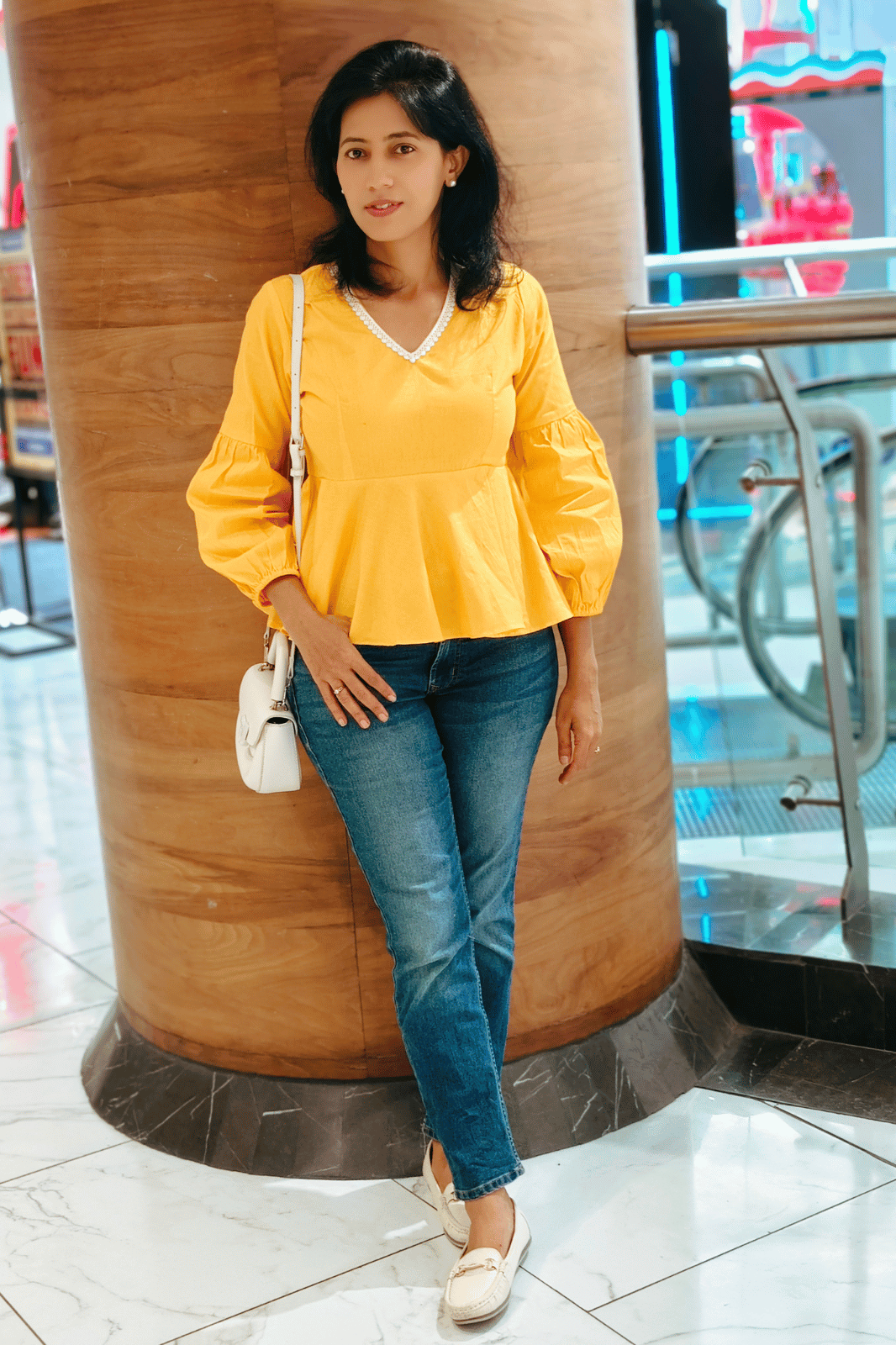 Yellow Peplum Top with White Lace