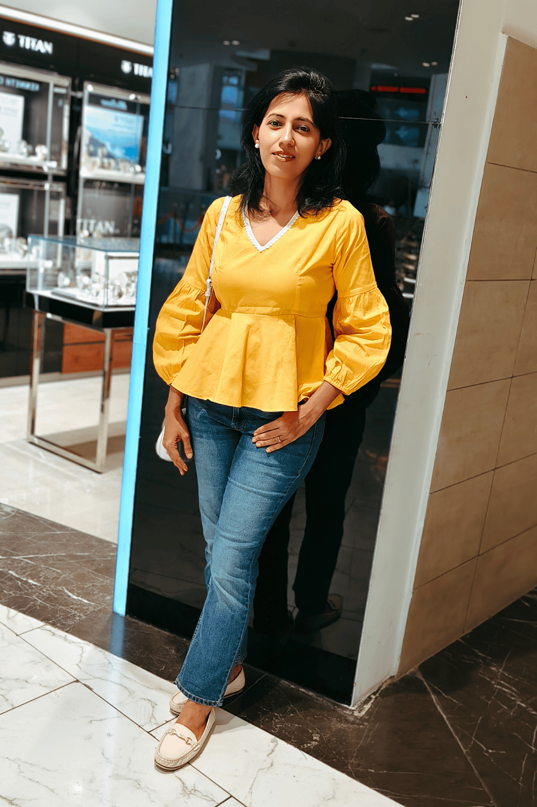Yellow Peplum Top with White Lace