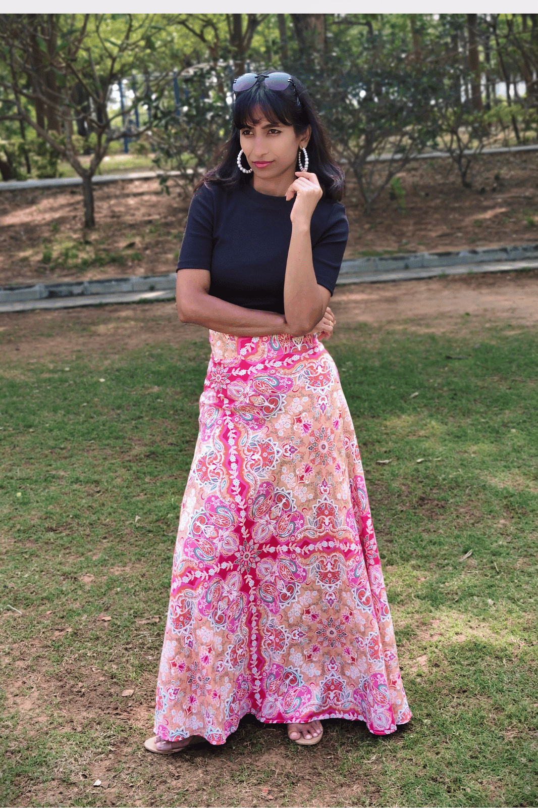 Pink Paisley Maxi Wrap Skirt & Black Ribbed Crop Top Combo