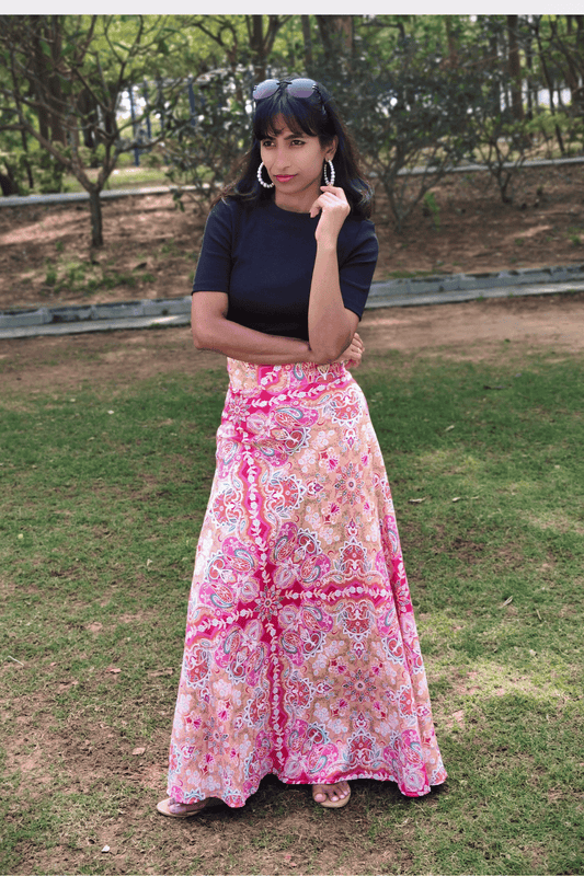 Pink Paisley Maxi-Length Wrap Skirt in Premium Rayon