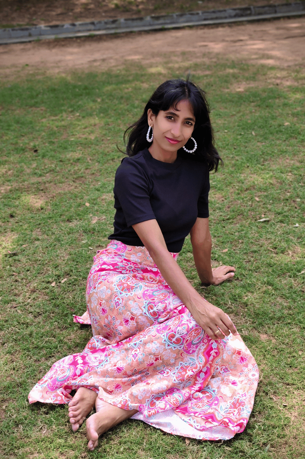 Pink Paisley Maxi Wrap Skirt & Black Ribbed Crop Top Combo