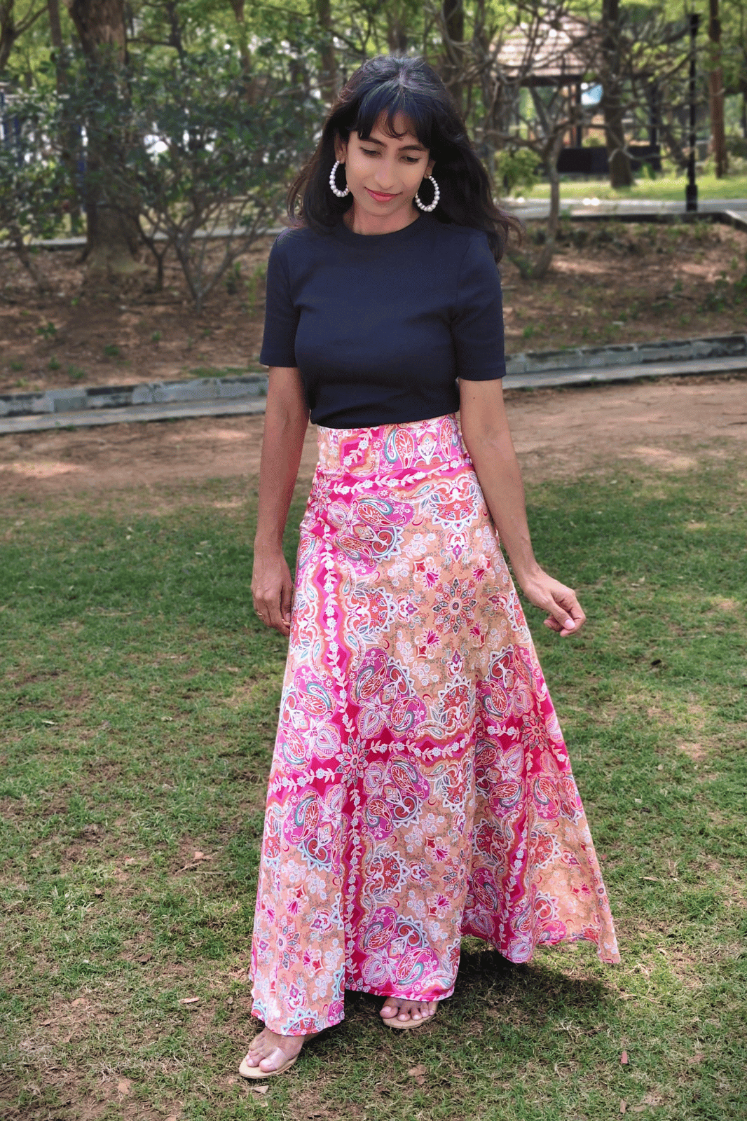 Pink Paisley Maxi Wrap Skirt & Black Ribbed Crop Top Combo