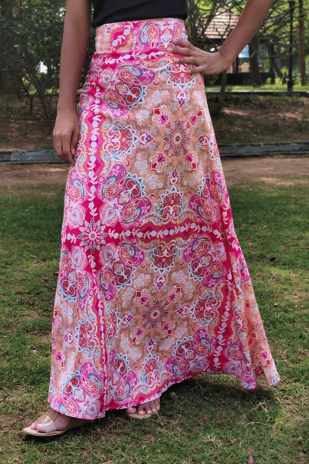 Pink Paisley Maxi Wrap Skirt & Black Ribbed Crop Top Combo