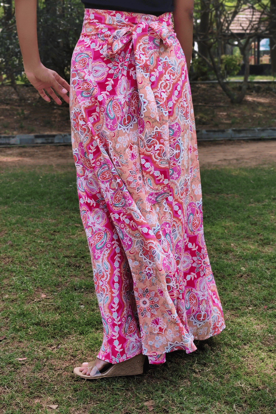 Pink Paisley Maxi Wrap Skirt & Black Ribbed Crop Top Combo