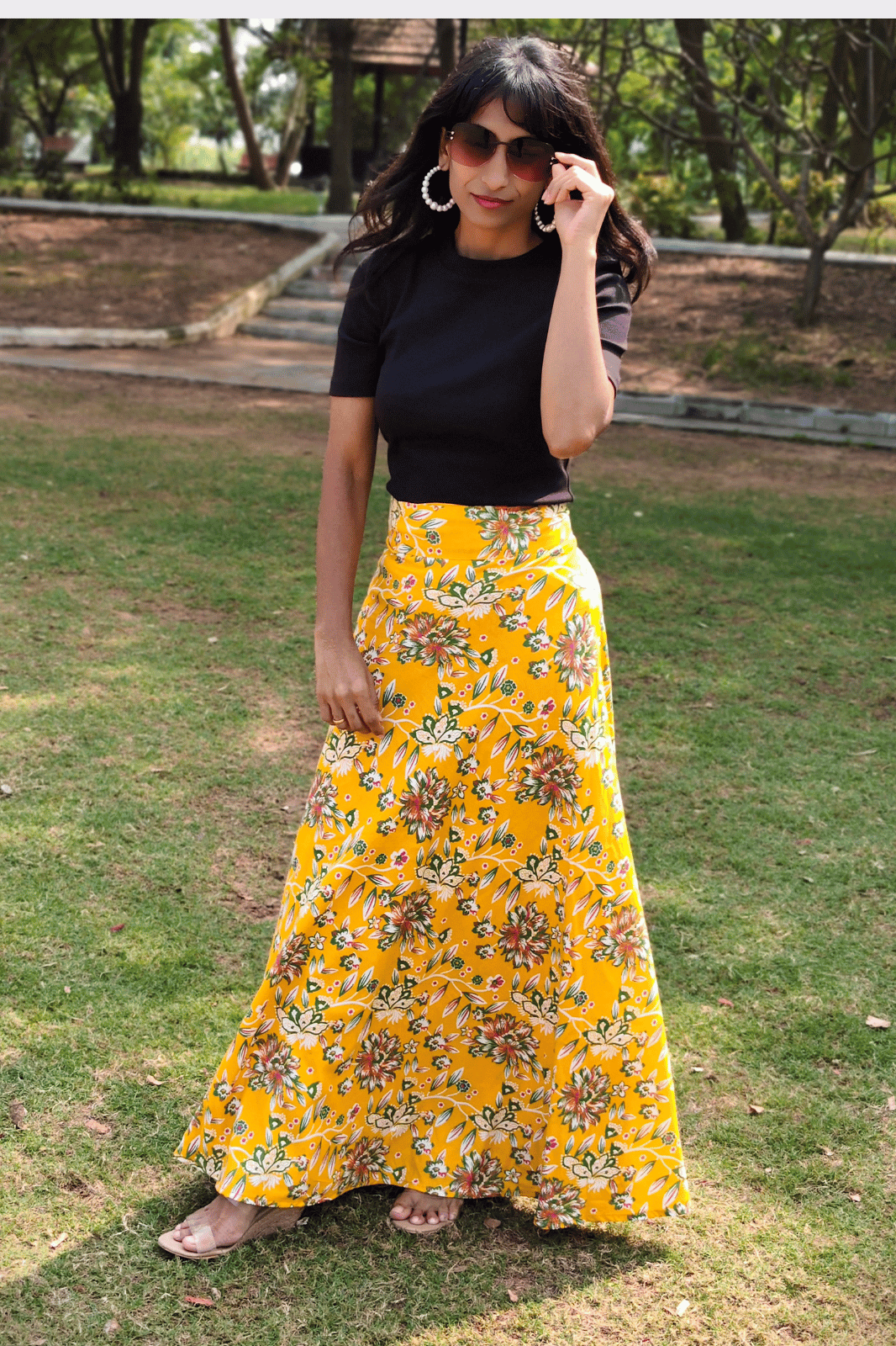 Yellow Floral Maxi Wrap Skirt & Black Ribbed Crop Top Combo