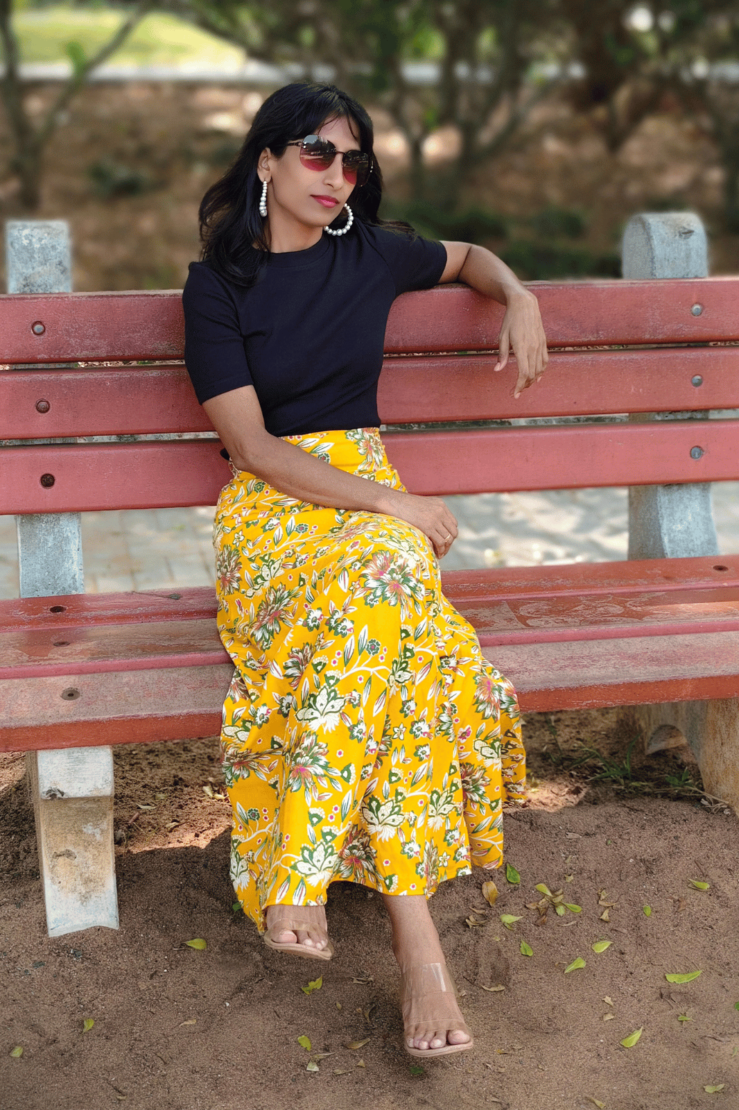 Yellow Floral Maxi Wrap Skirt & Black Ribbed Crop Top Combo