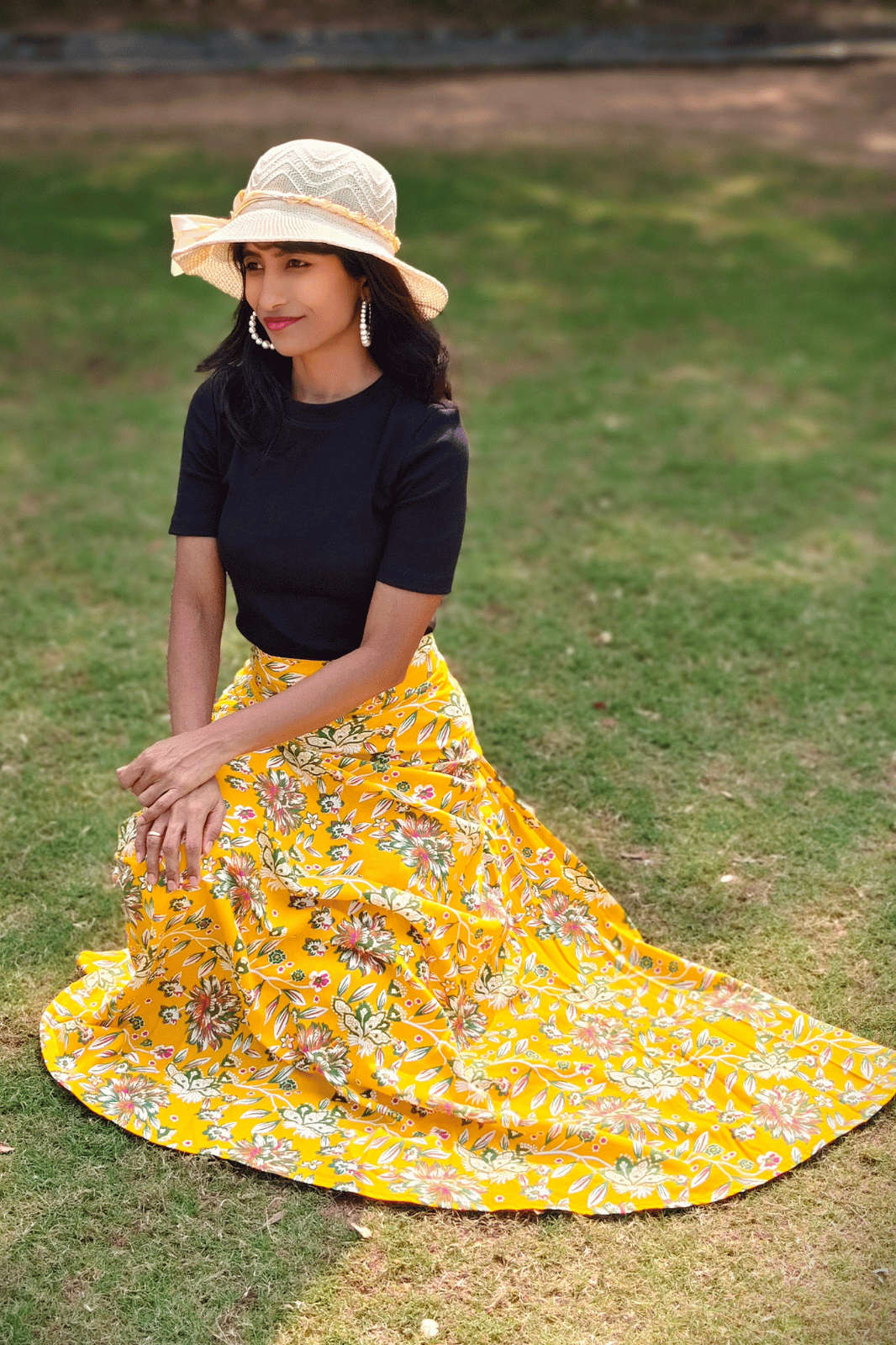 Yellow Floral Maxi Wrap Skirt & Black Ribbed Crop Top Combo