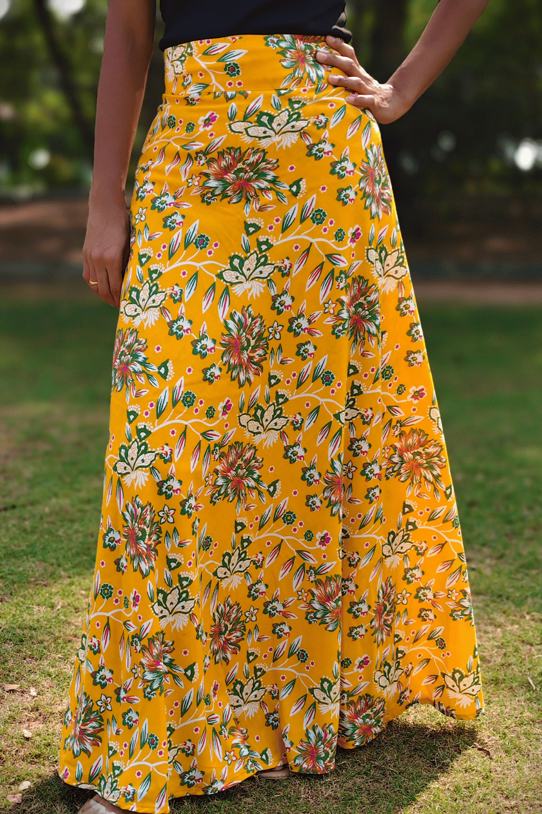 Yellow Floral Maxi Wrap Skirt & Black Ribbed Crop Top Combo