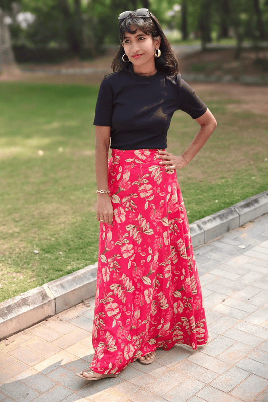 Pink Floral Maxi-Length Wrap Skirt in Premium Rayon