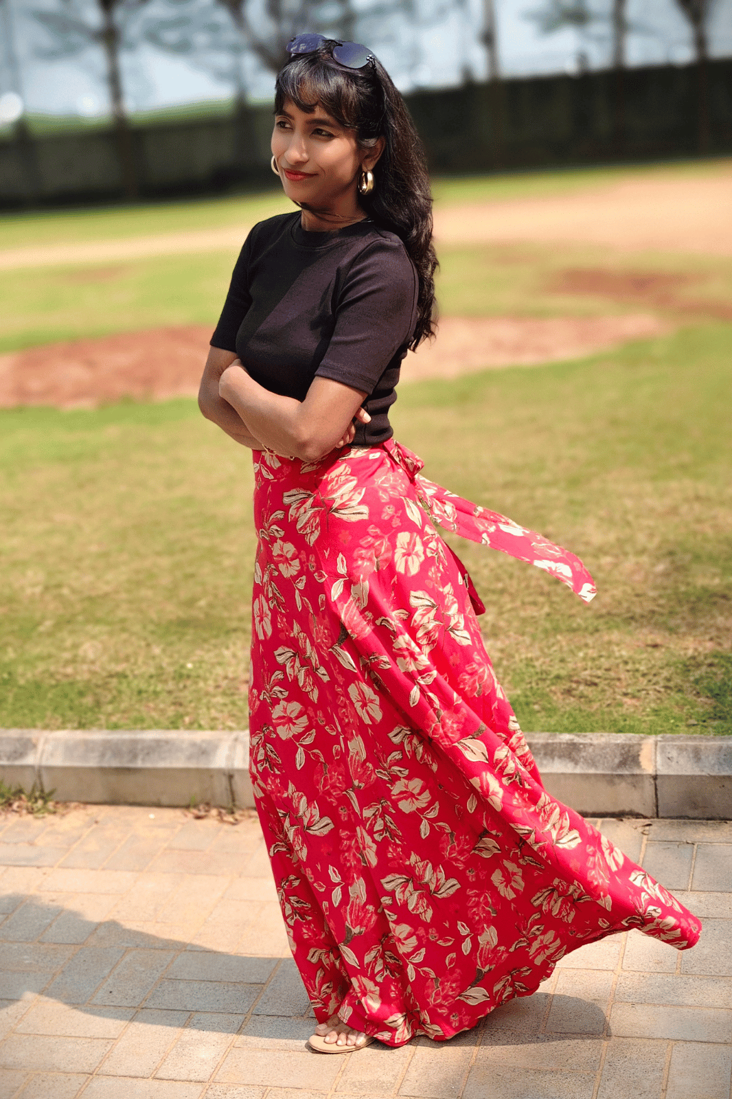 Pink Floral Maxi Wrap Skirt & Black Ribbed Crop Top Combo