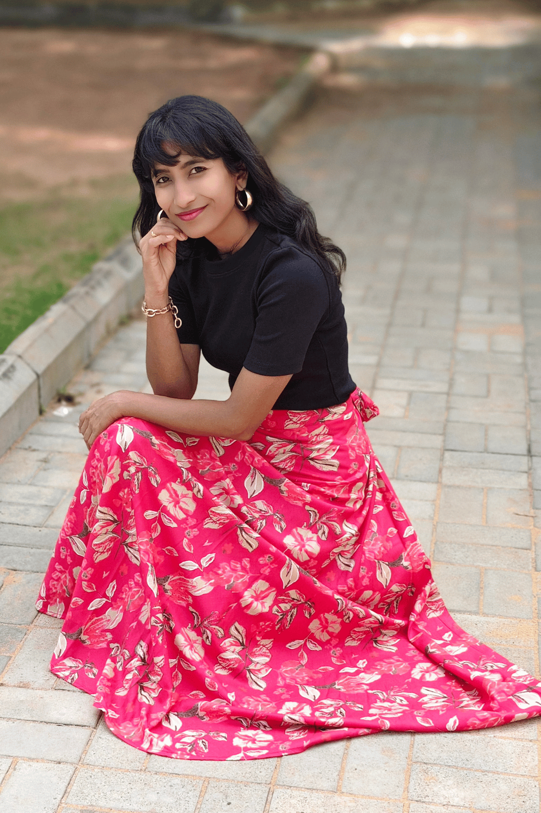 Pink Floral Maxi Wrap Skirt & Black Ribbed Crop Top Combo