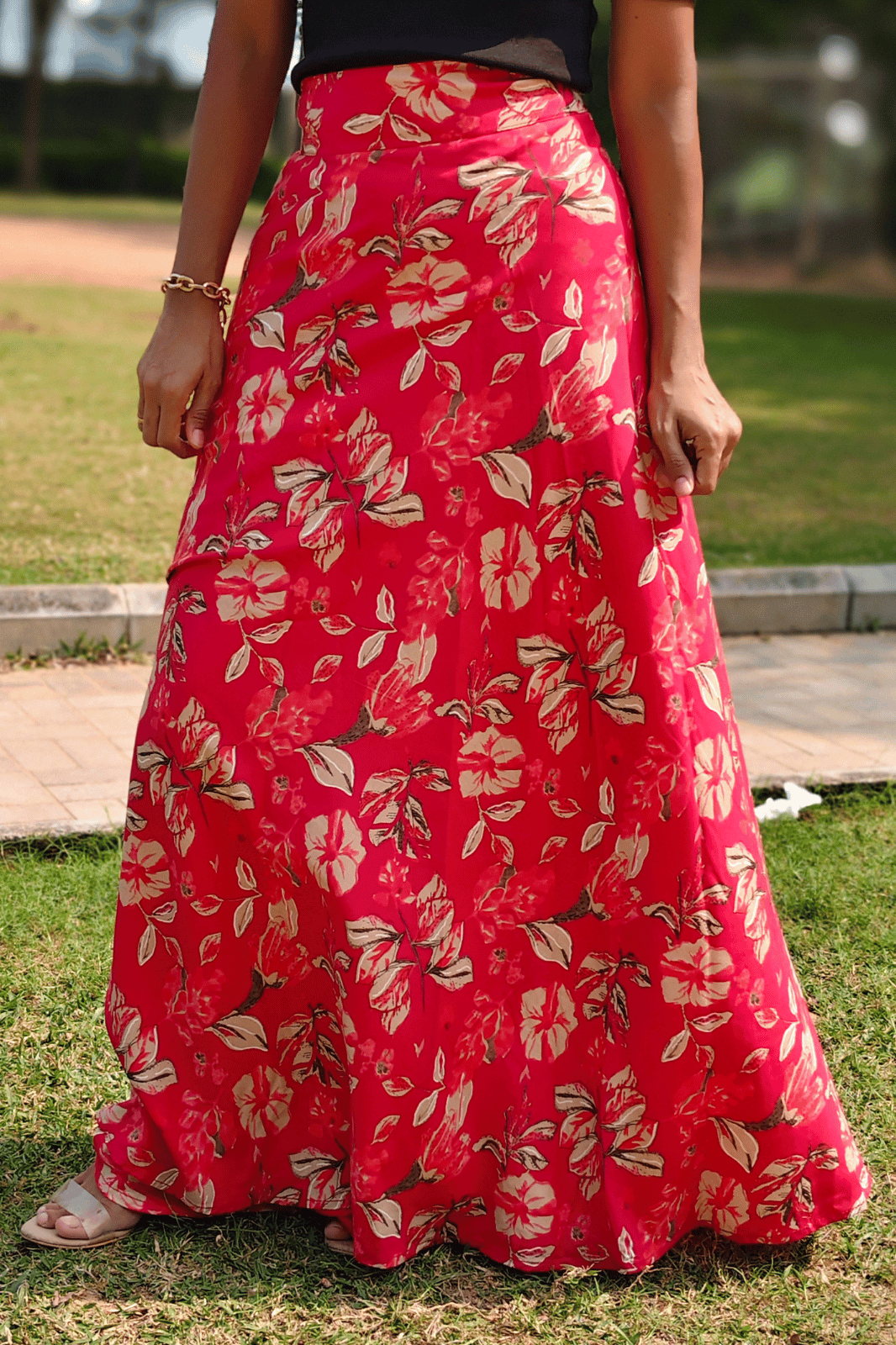 Pink Floral Maxi Wrap Skirt & Black Ribbed Crop Top Combo
