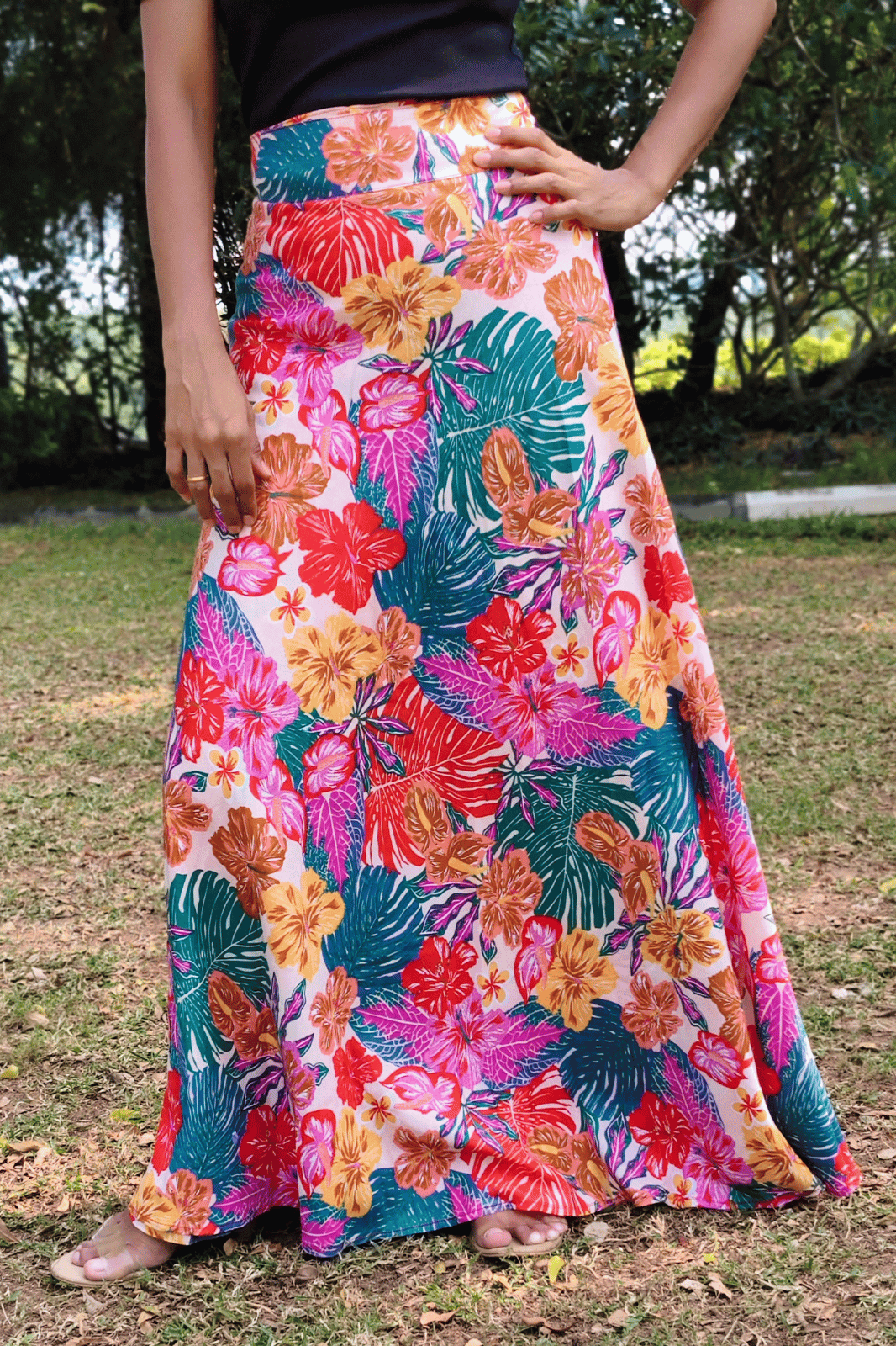 Tropical Maxi-Length Wrap Skirt in Premium Rayon