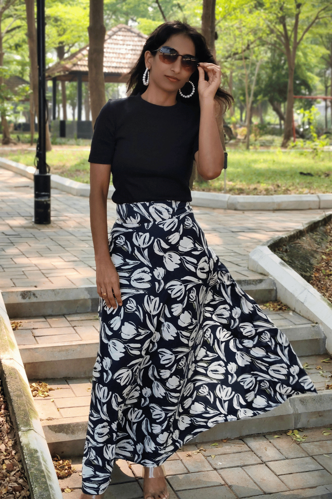Navy Blue Floral Maxi-Length Wrap Skirt in Premium Rayon