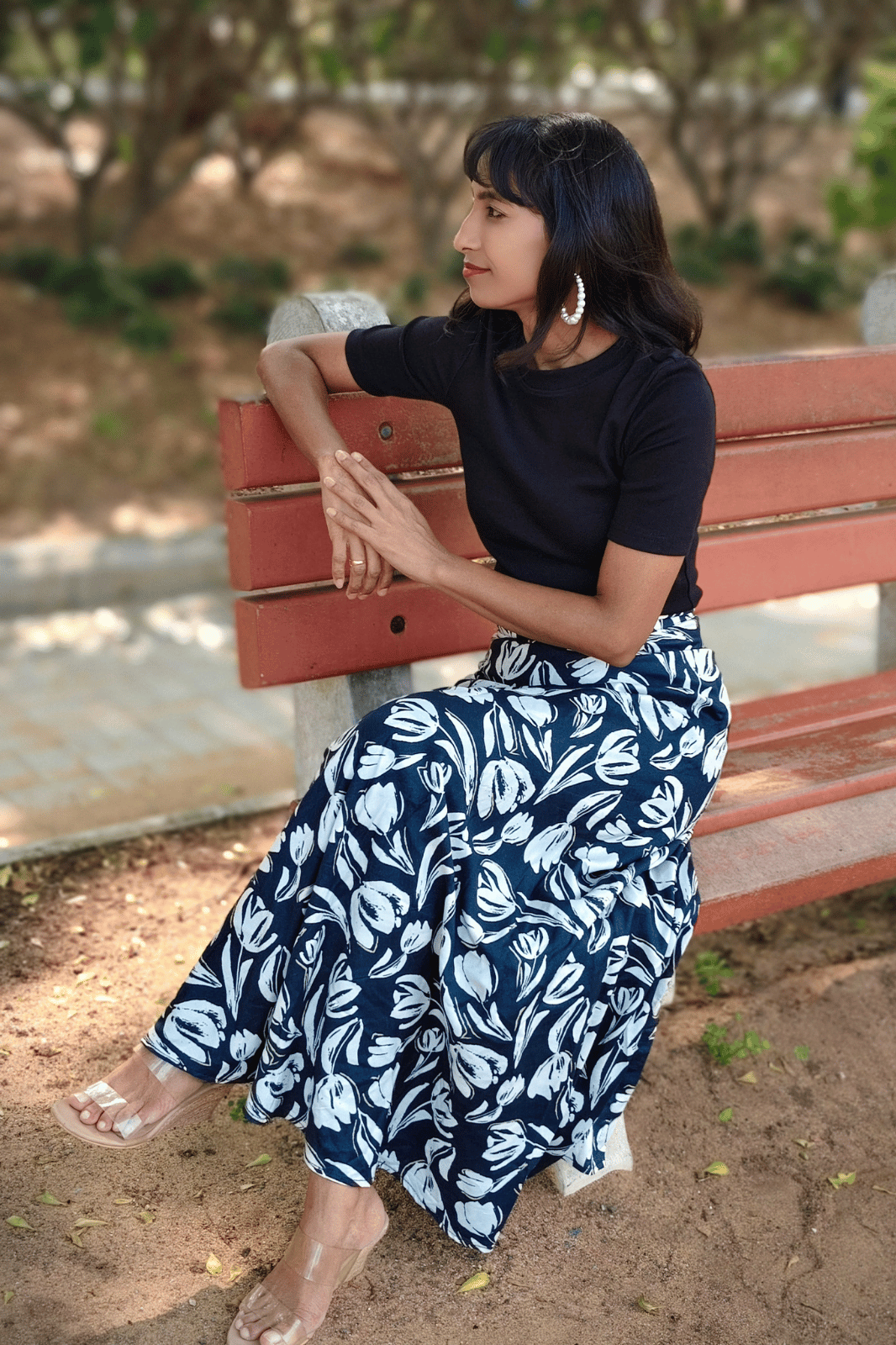 Navy Blue Floral Maxi-Length Wrap Skirt in Premium Rayon
