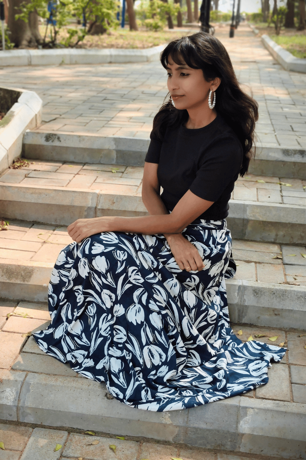 Navy Blue Floral Maxi-Length Wrap Skirt in Premium Rayon