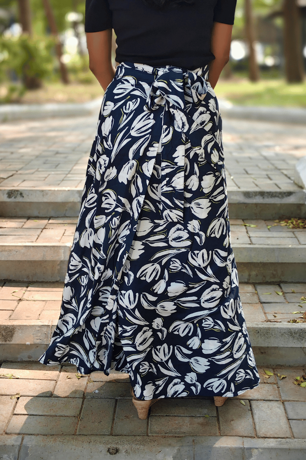 Navy Blue Floral Maxi-Length Wrap Skirt in Premium Rayon