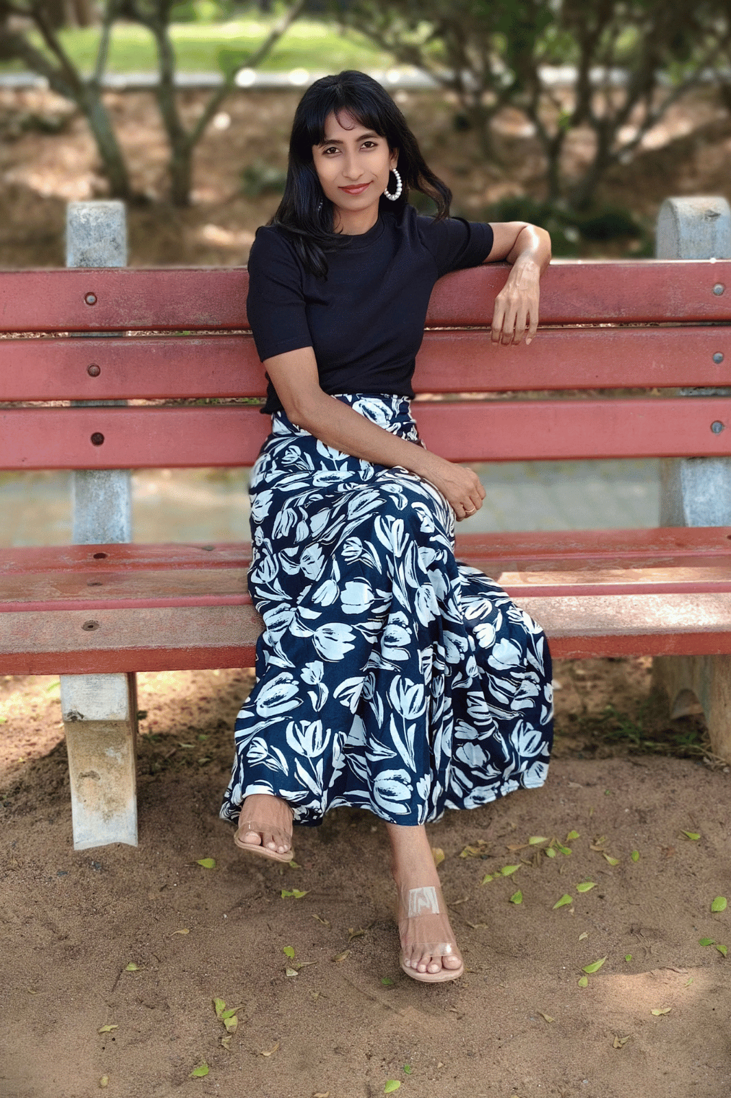 Navy Blue Floral Maxi-Length Wrap Skirt in Premium Rayon