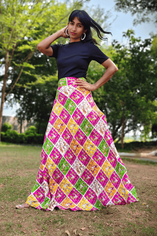 Egyptian Print Maxi-Length Wrap Skirt in Premium Rayon