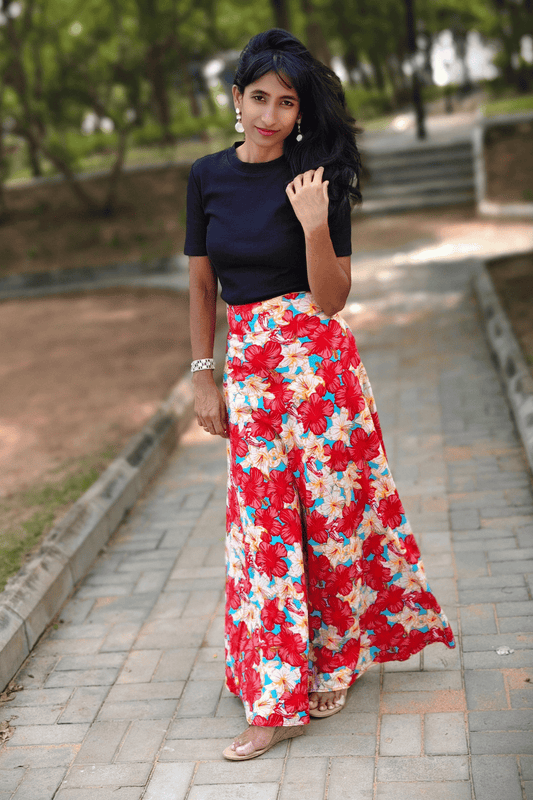 Red Hibiscus Maxi-Length Wrap Skirt in Premium Rayon