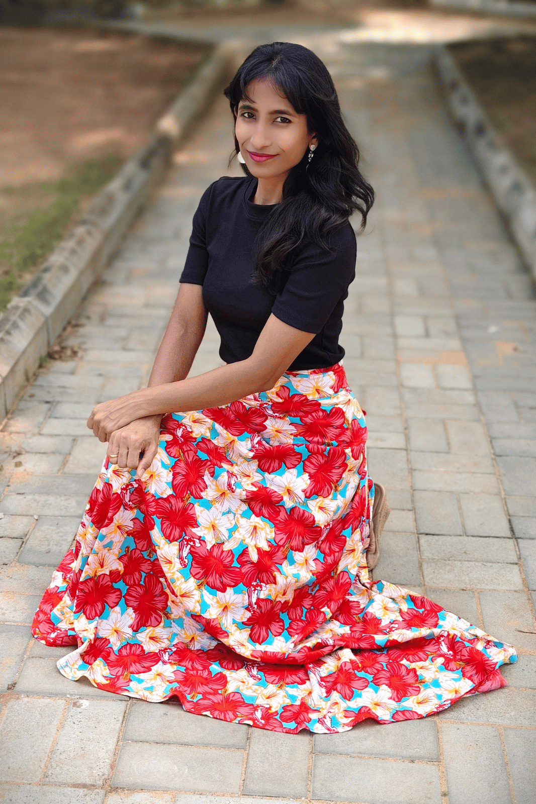 Red Hibiscus Maxi Wrap Skirt & Black Ribbed Crop Top Combo