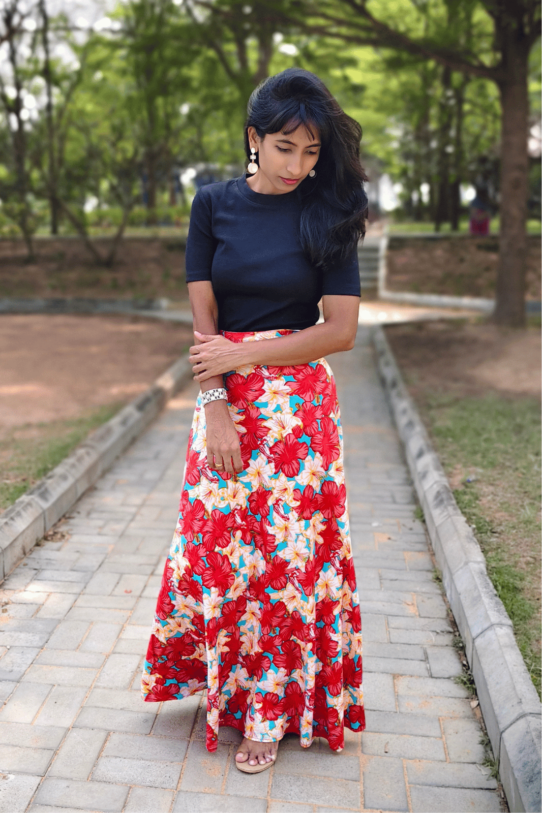 Red Hibiscus Maxi Wrap Skirt & Black Ribbed Crop Top Combo