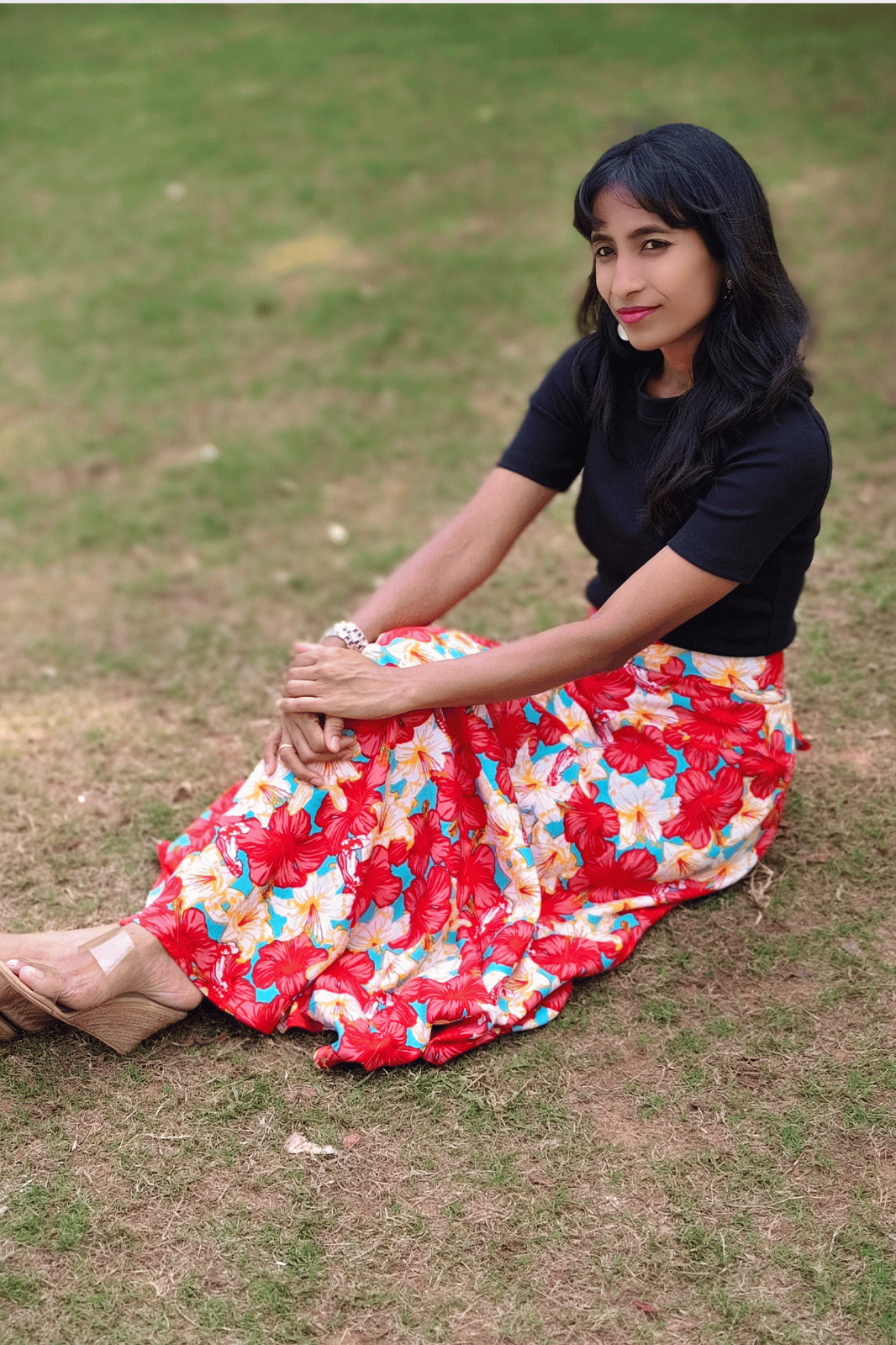 Red Hibiscus Maxi Wrap Skirt & Black Ribbed Crop Top Combo