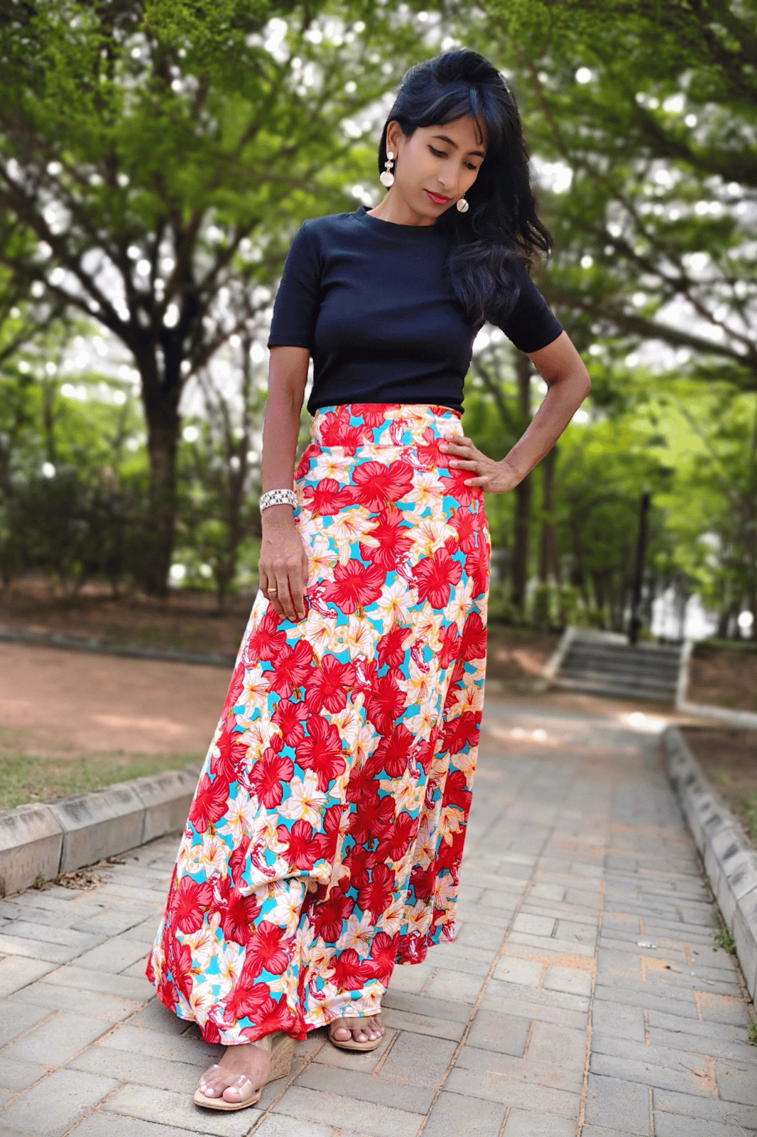 Red Hibiscus Maxi Wrap Skirt & Black Ribbed Crop Top Combo