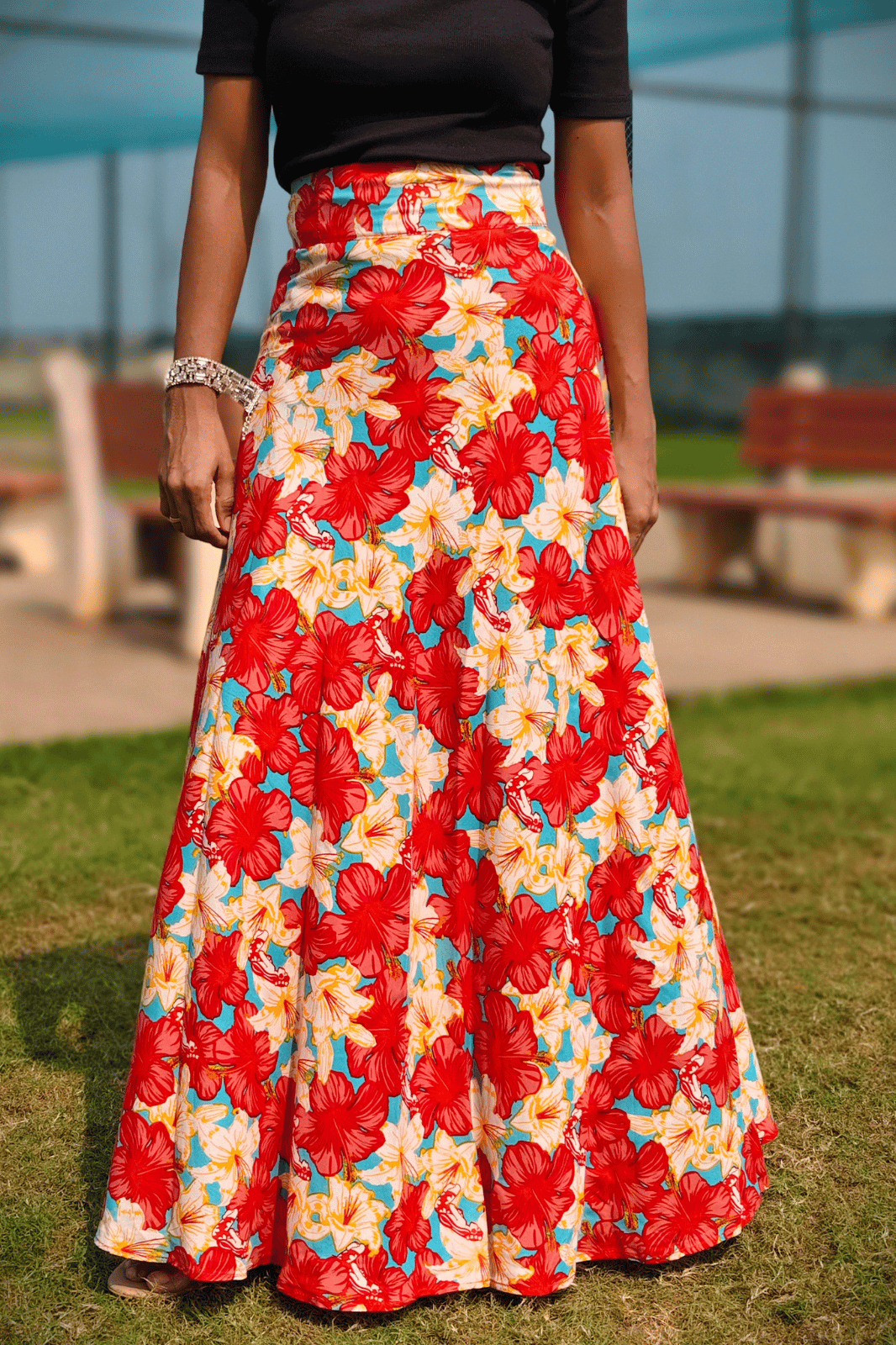 Red Hibiscus Maxi Wrap Skirt & Black Ribbed Crop Top Combo