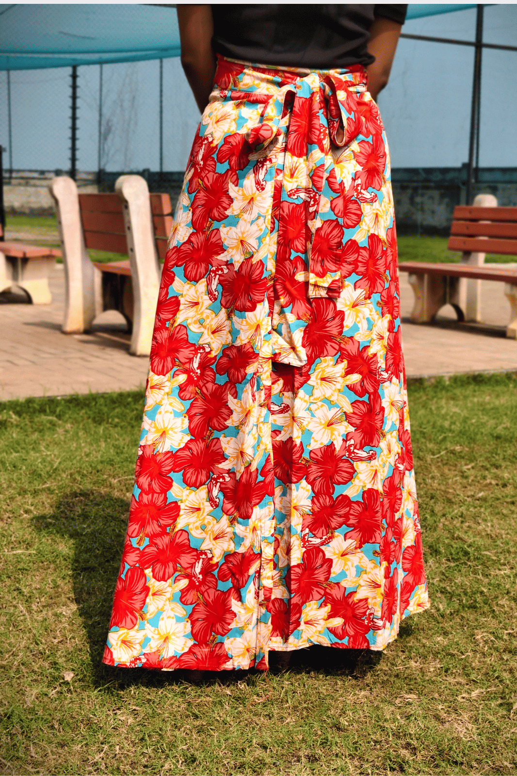 Red Hibiscus Maxi Wrap Skirt & Black Ribbed Crop Top Combo