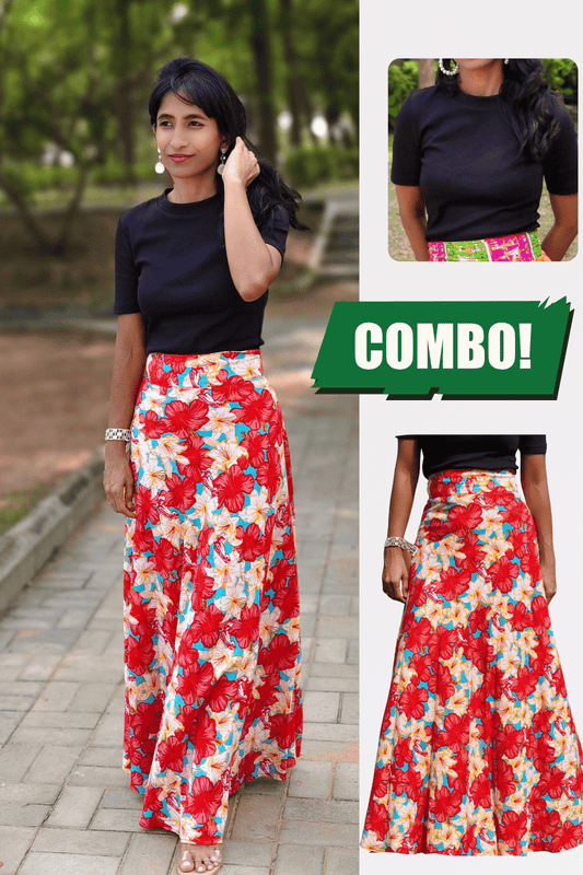 Red Hibiscus Maxi Wrap Skirt & Black Ribbed Crop Top Combo