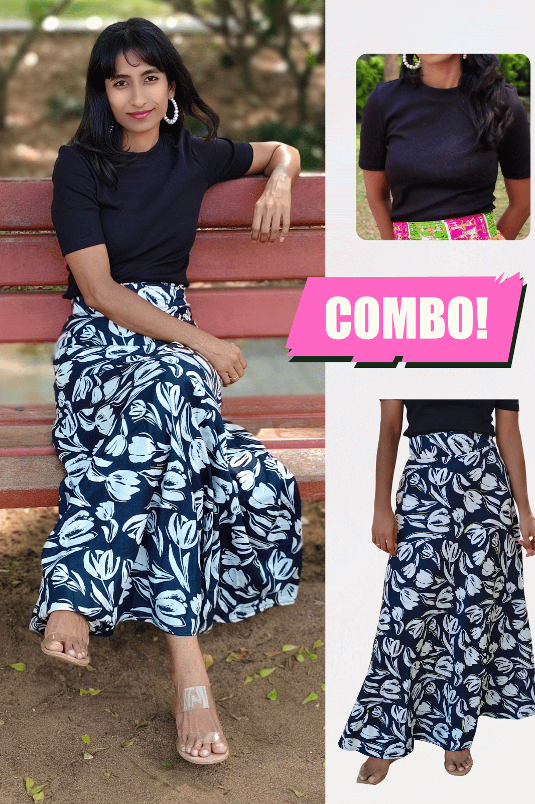 Navy Blue Floral Maxi Wrap Skirt & Black Ribbed Crop Top Combo