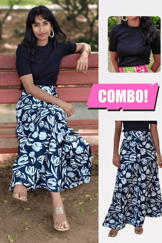 Navy Blue Floral Maxi Wrap Skirt & Black Ribbed Crop Top Combo