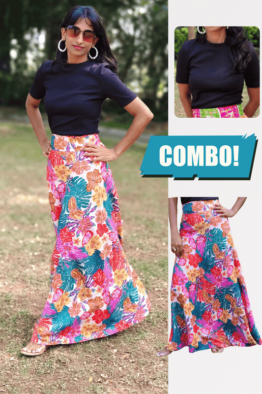 Tropical Maxi Wrap Skirt & Black Ribbed Crop Top Combo