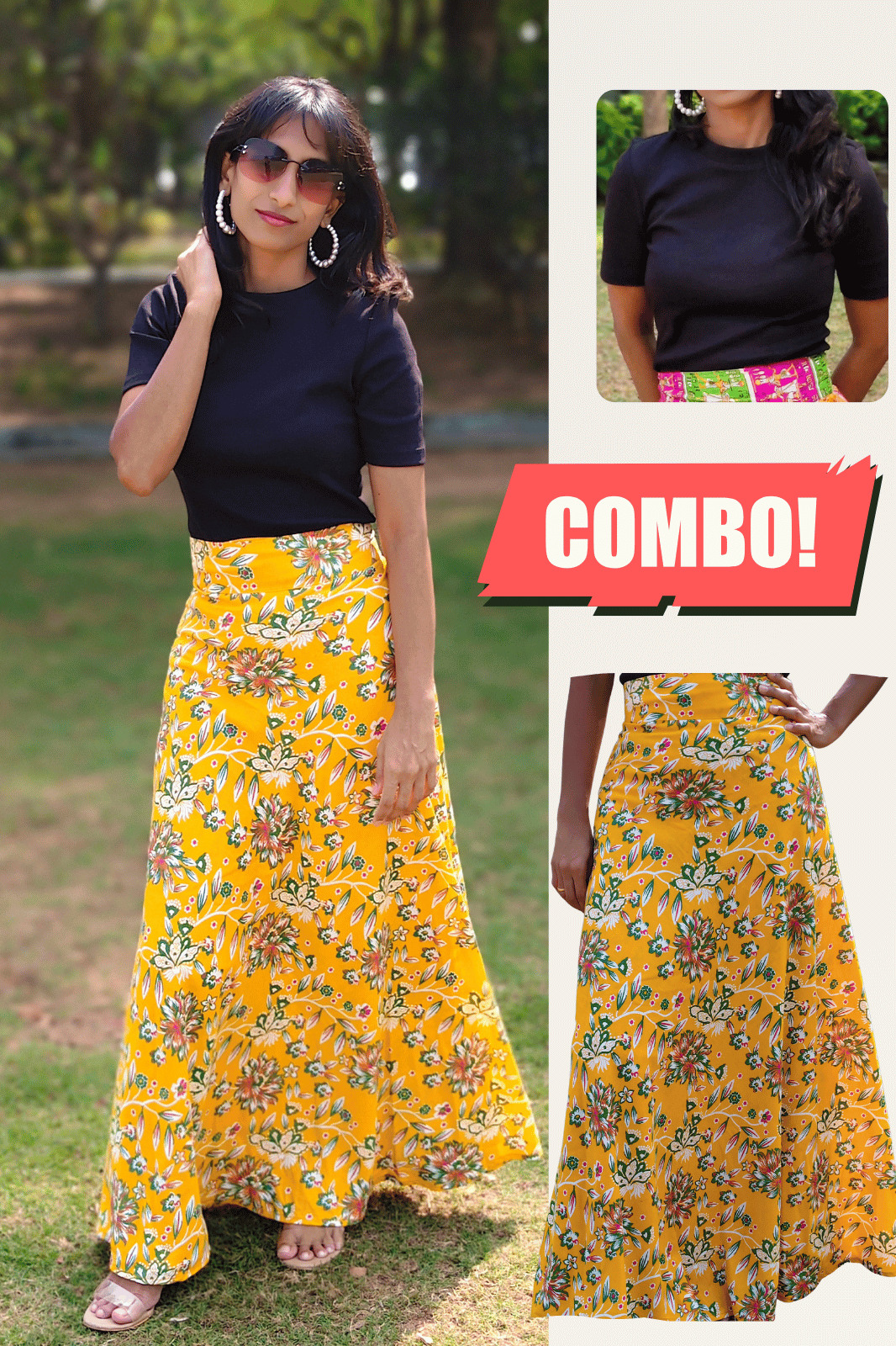 Yellow Floral Maxi Wrap Skirt & Black Ribbed Crop Top Combo