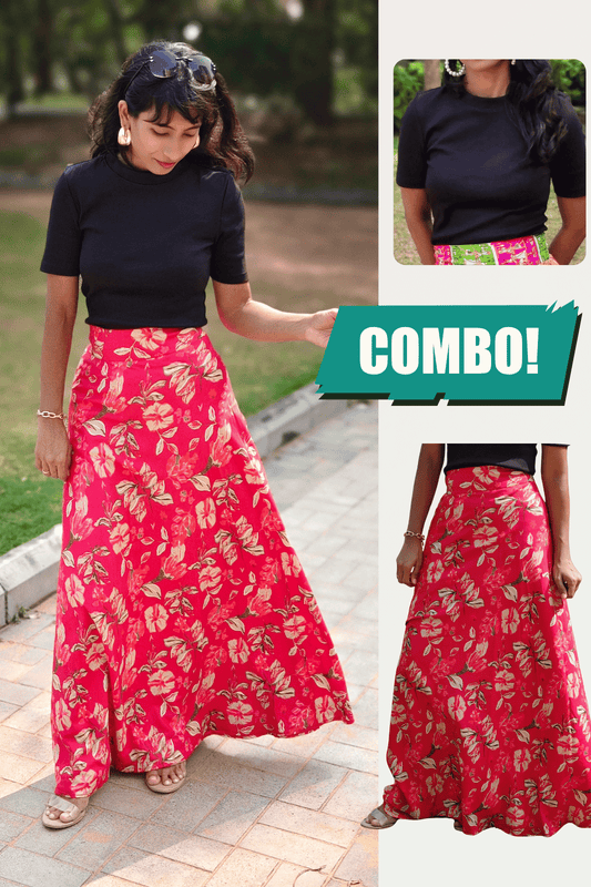 Pink Floral Maxi Wrap Skirt & Black Ribbed Crop Top Combo