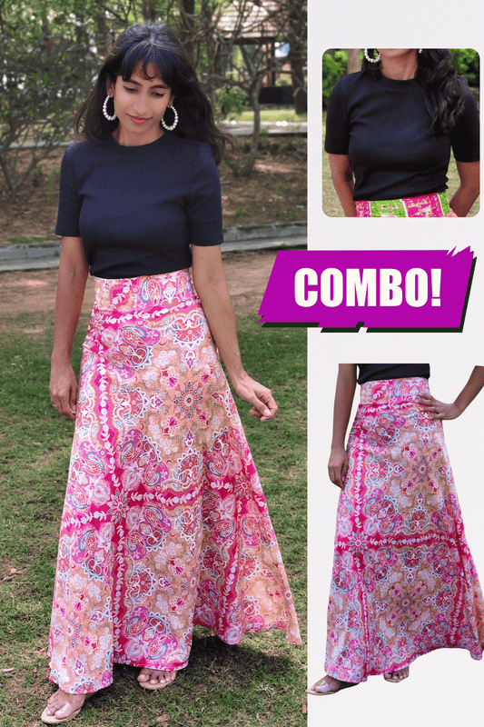 Pink Paisley Maxi Wrap Skirt & Black Ribbed Crop Top Combo