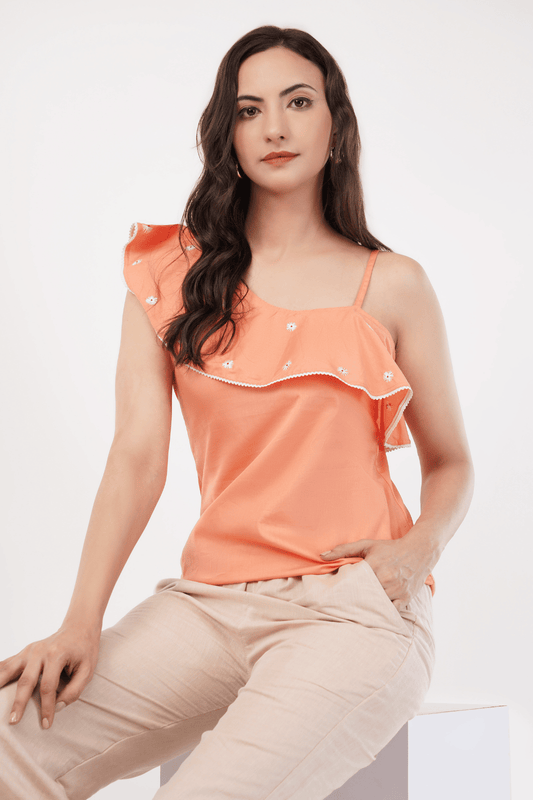 Peach One-Shoulder Frill Top