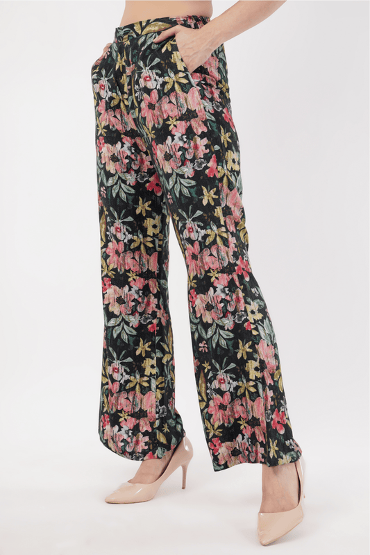 Black Floral Printed Herringbone Cotton Bell Bottom Pants