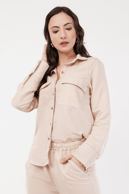 Beige Cotton Linen Shirt with Brown Overstitch & Golden Buttons