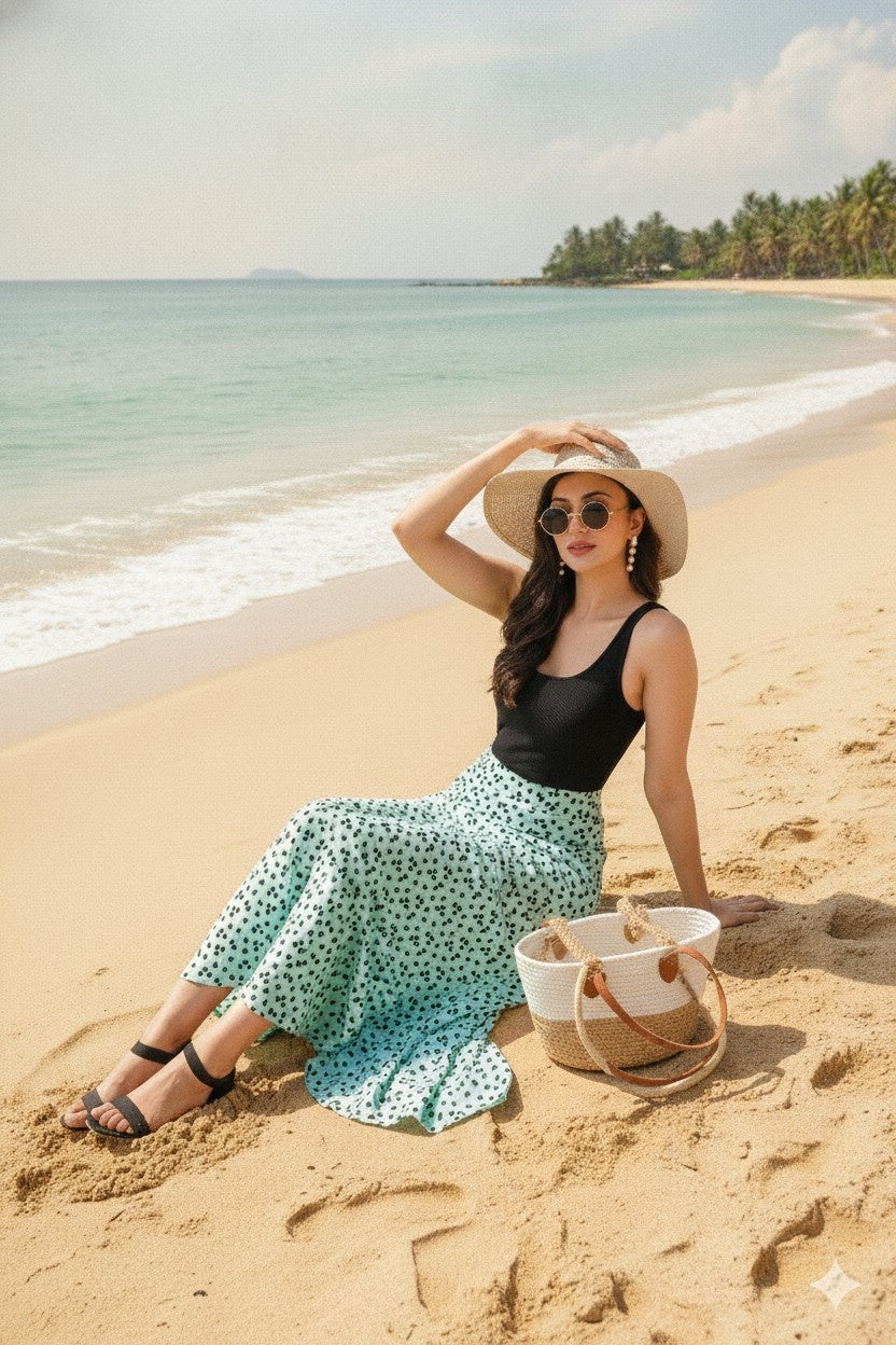 Green Heart Maxi-Length Wrap Skirt in Premium Rayon