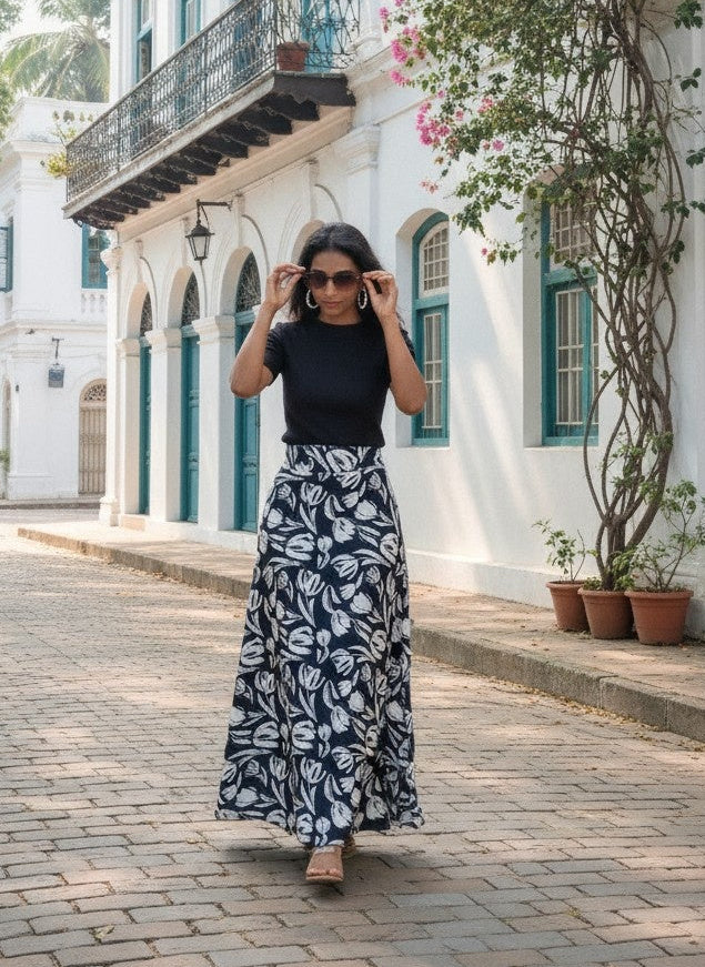 Navy Blue Floral Maxi-Length Wrap Skirt in Premium Rayon