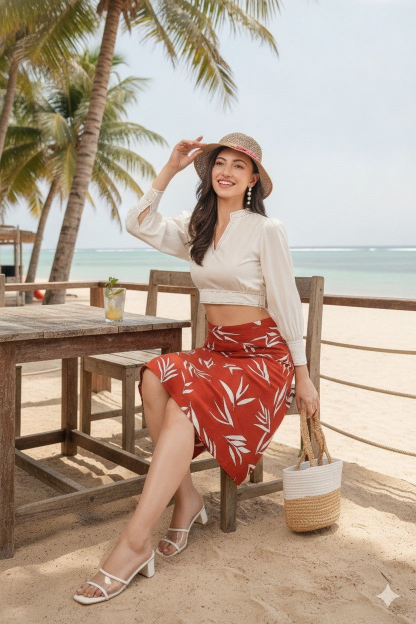 Woman sitting at a beachside table with palm trees and ocean in the background