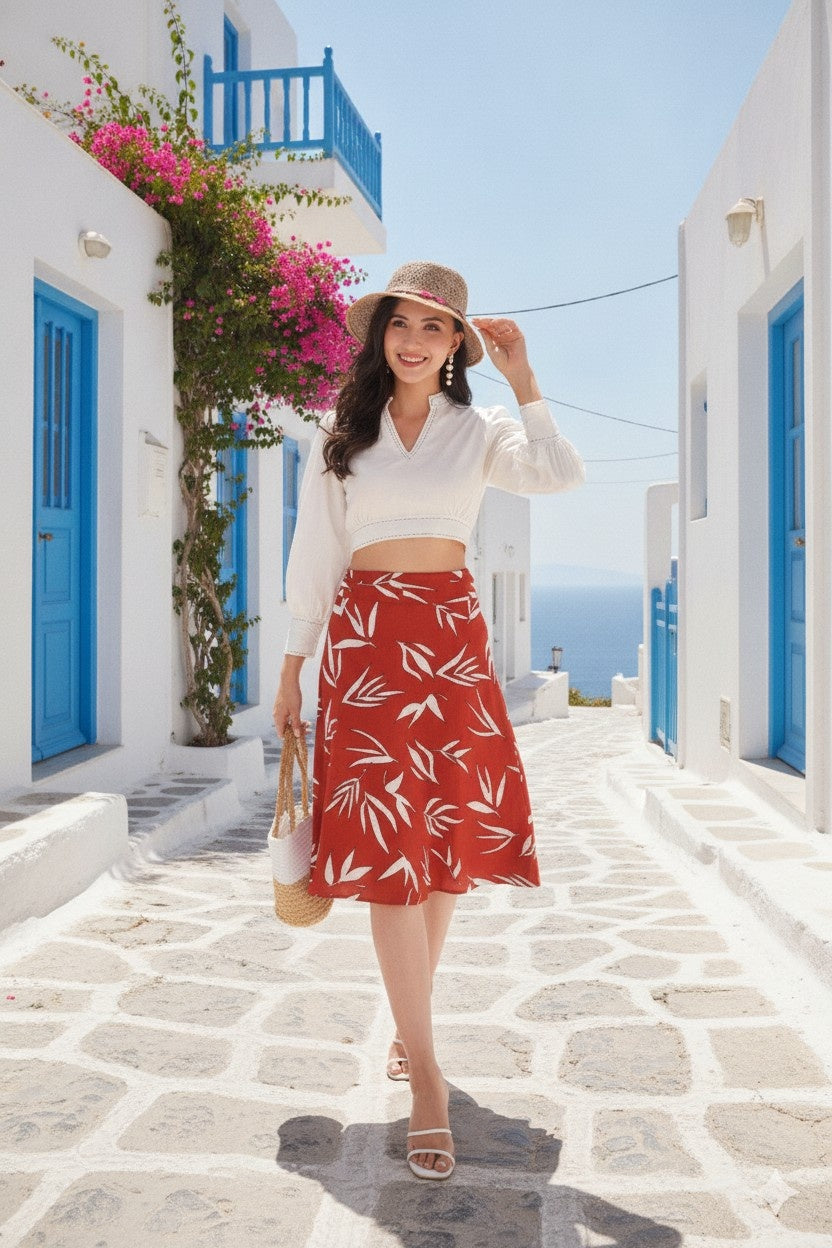 Brown Flowy Knee-Length Wrap Skirt in Premium Rayon