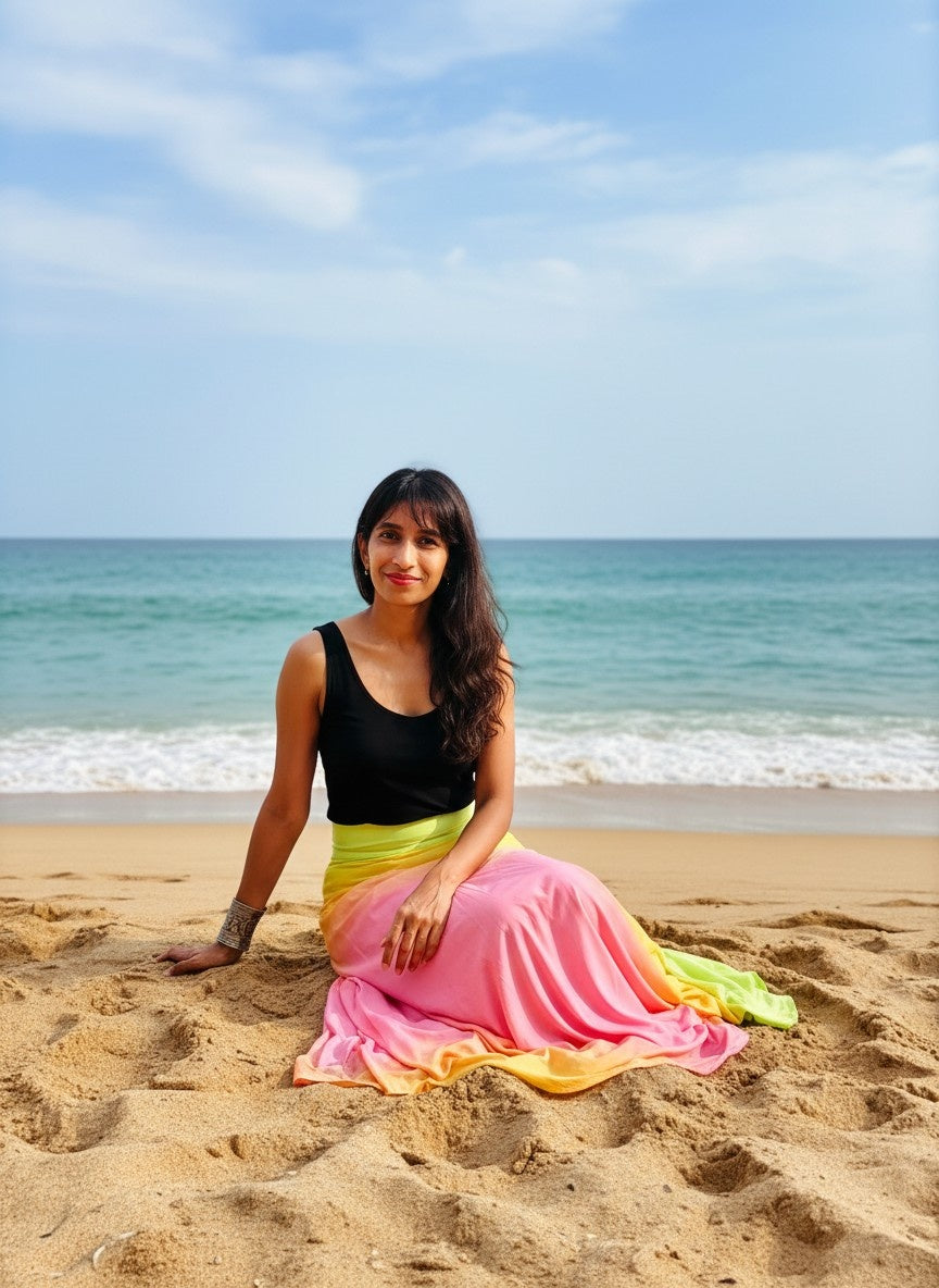 Woman sitting on a beach with ocean and sky in the background