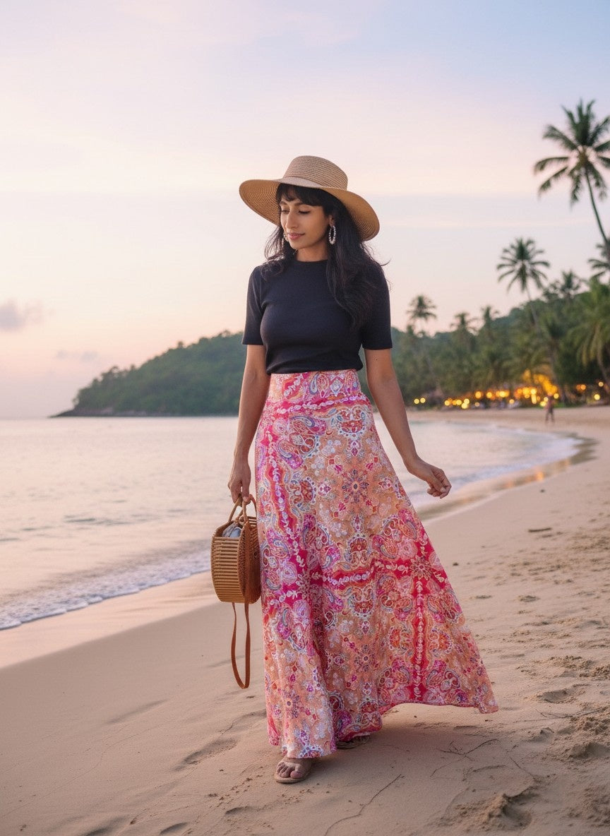 Woman in a floral skirt and hat standing on a beach with palm trees and sunset in the background